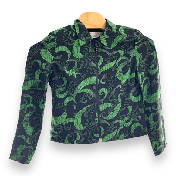 Maggy London Women's Long Sleeve Silk Full Zip Jacket Black And Green Size 8 - Picture 1 of 3